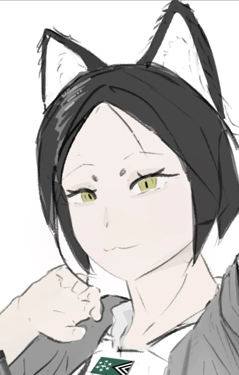 Hand-drawn portrait of a black-haired cat-eared character with pale yellow-green eyes.