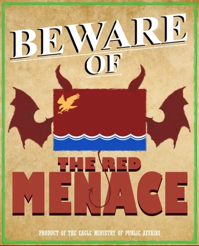 Vintage-styled fictional poster that reads Beware of the Red Menace, with a winged red flag motif.